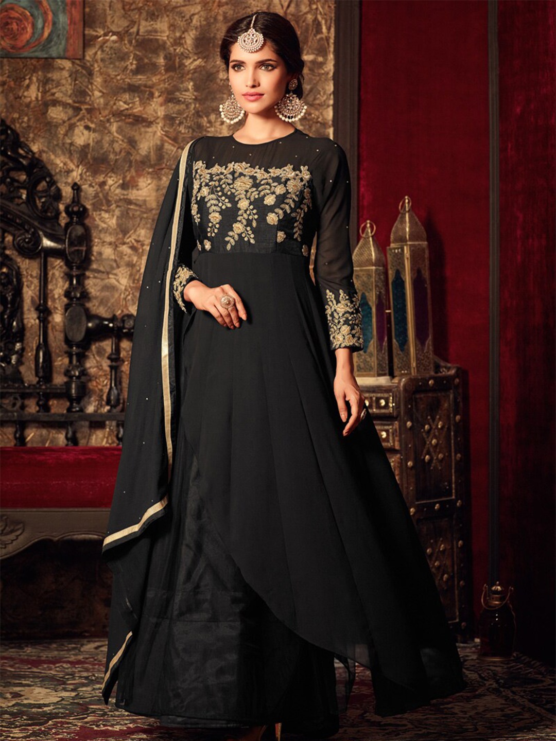 

Chandbaali Embroidered Semi-Stitched Dress Material, Black