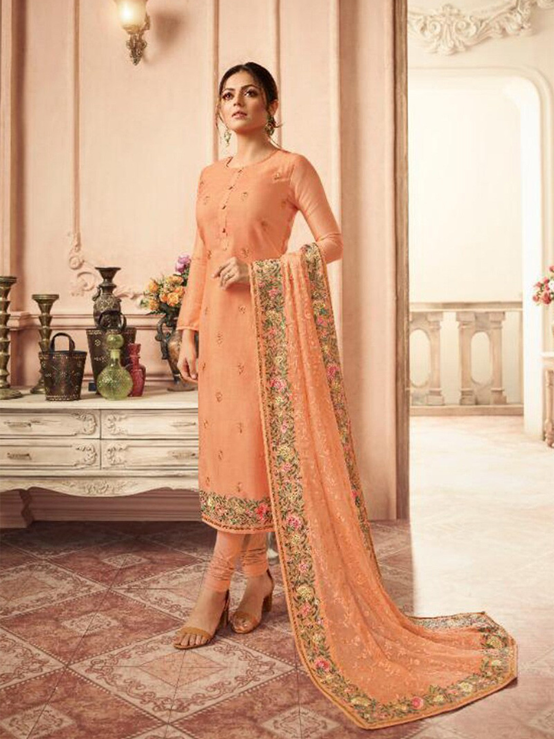 

Chandbaali Embroidered Art Silk Semi-Stitched Dress Material, Peach