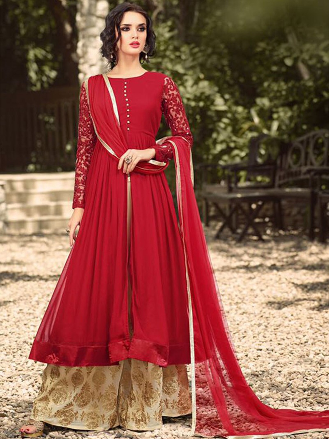 

Chandbaali Embroidered Semi-Stitched Dress Material, Red