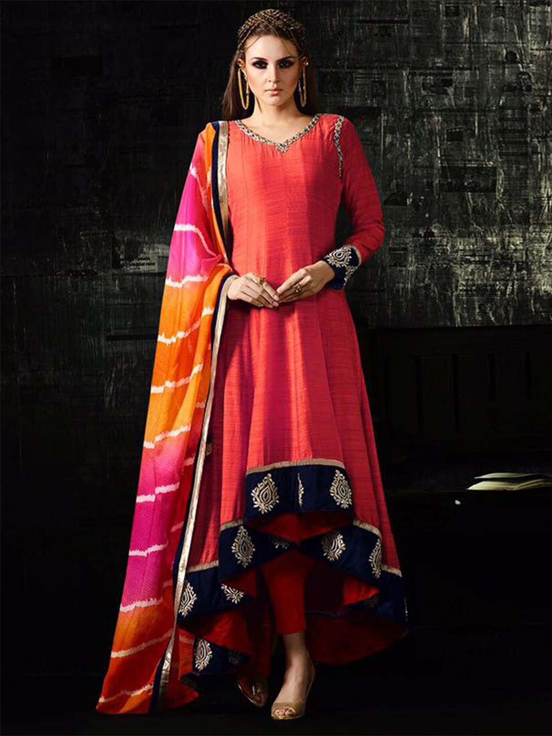 

Chandbaali Embroidered Raw Silk Semi-Stitched Dress Material, Peach
