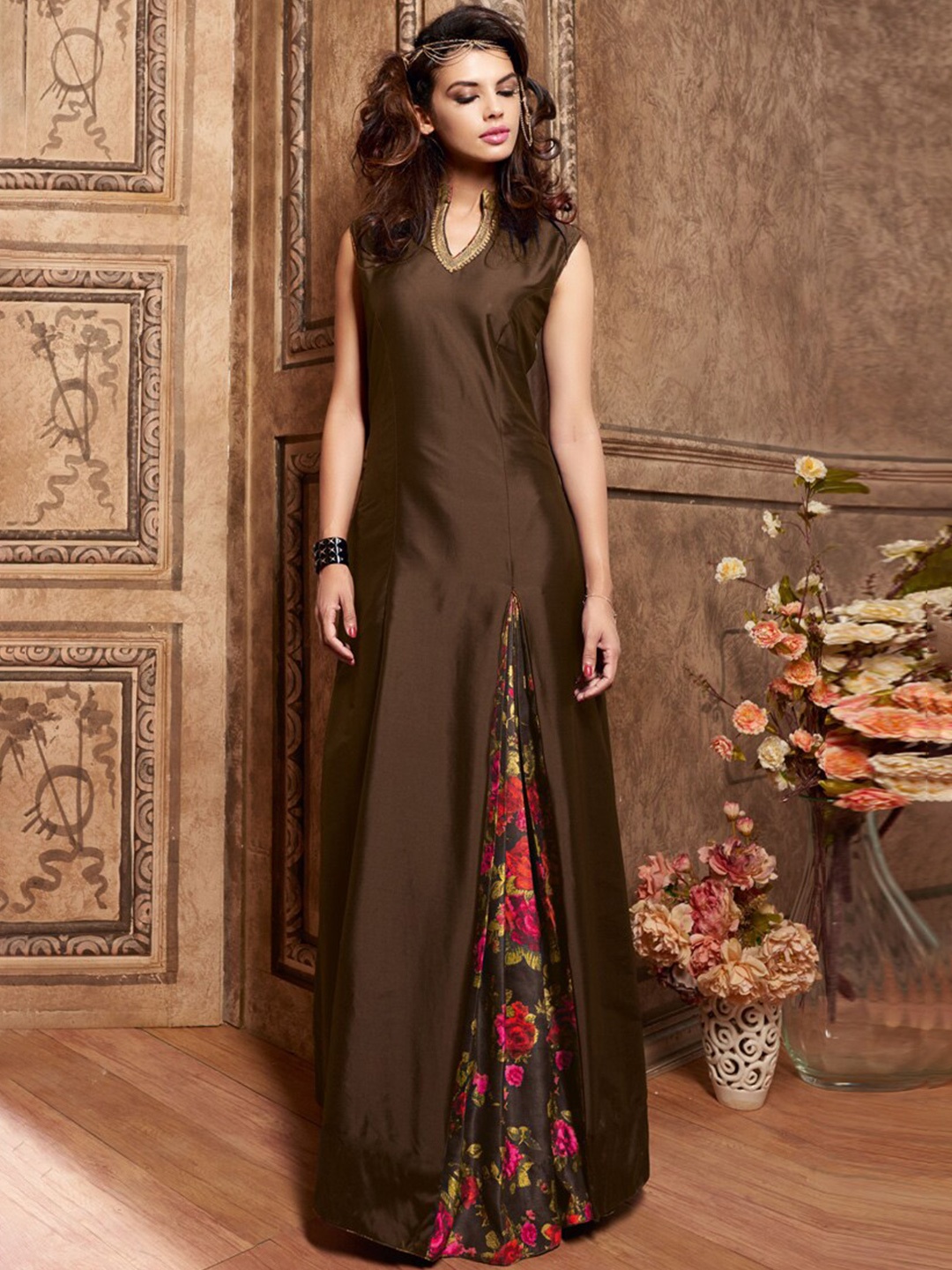 

Chandbaali Embroidered Art Silk Semi-Stitched Dress Material, Brown