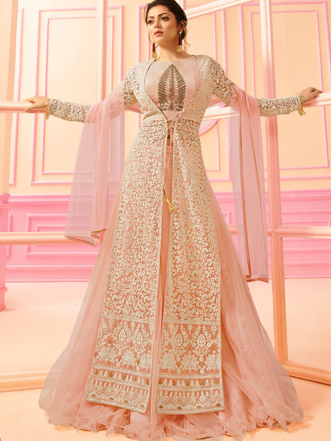 

Chandbaali Embroidered Zari Semi-Stitched Dress Material, Pink