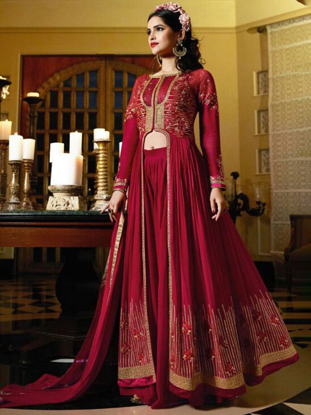 

Chandbaali Embroidered Semi-Stitched Dress Material, Red