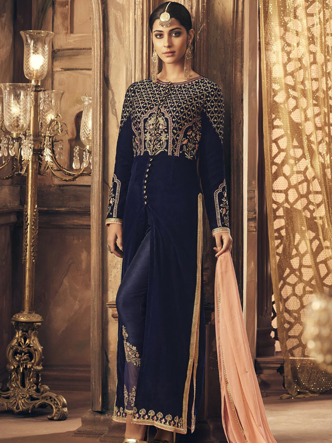 

Chandbaali Embroidered Velvet Semi-Stitched Dress Material, Blue