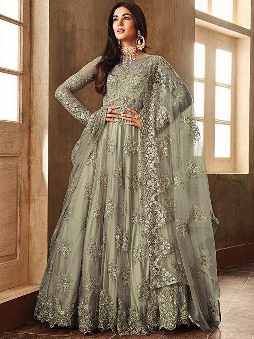 

Chandbaali Embroidered Semi-Stitched Dress Material, Green