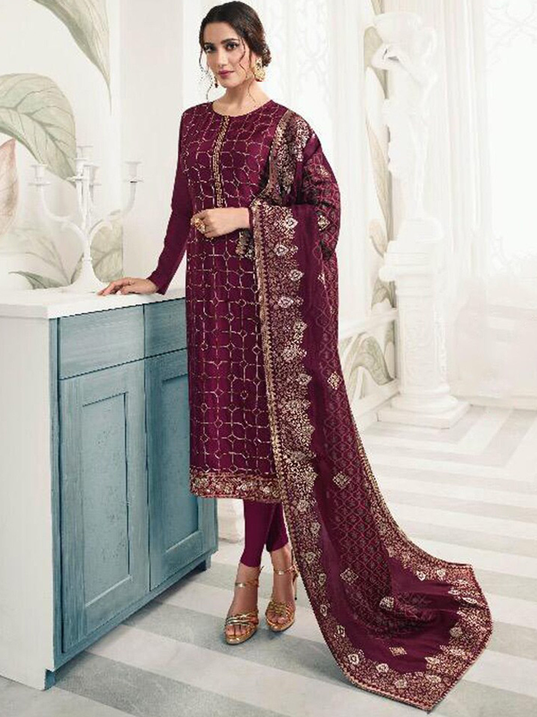 

Chandbaali Embroidered Art Silk Semi-Stitched Dress Material, Pink