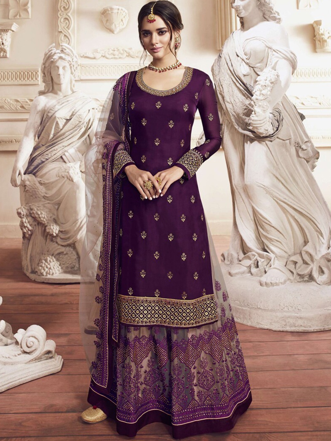 

Chandbaali Embroidered Satin Semi-Stitched Dress Material, Purple