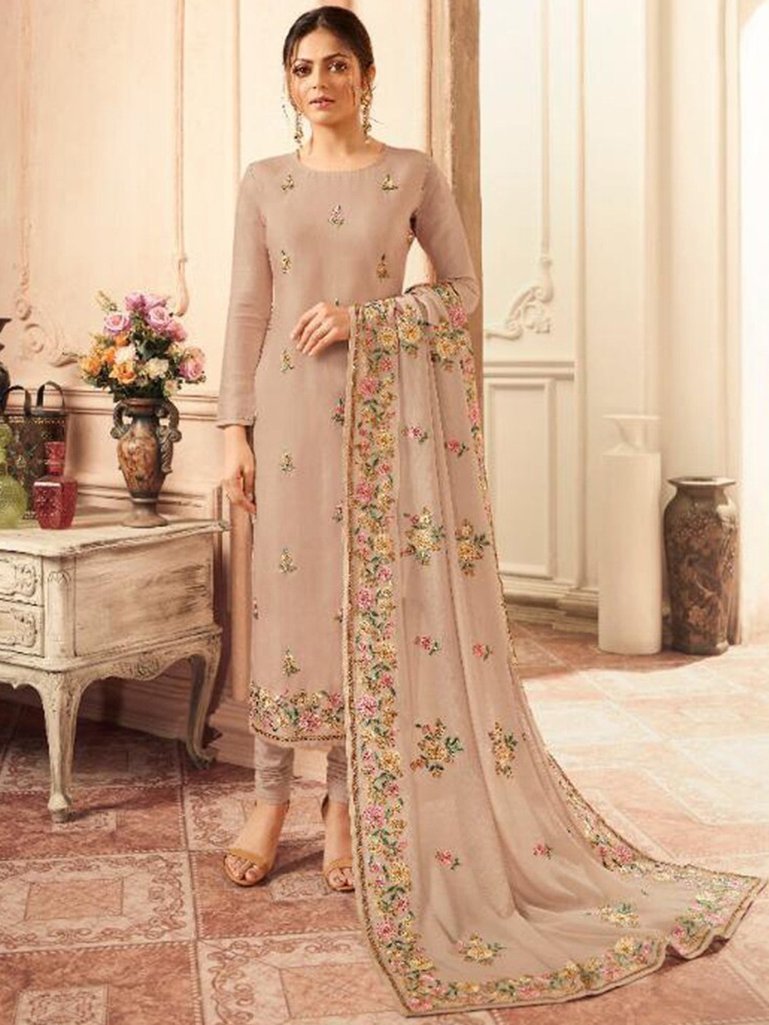 

Chandbaali Embroidered Art Silk Semi-Stitched Dress Material, Beige