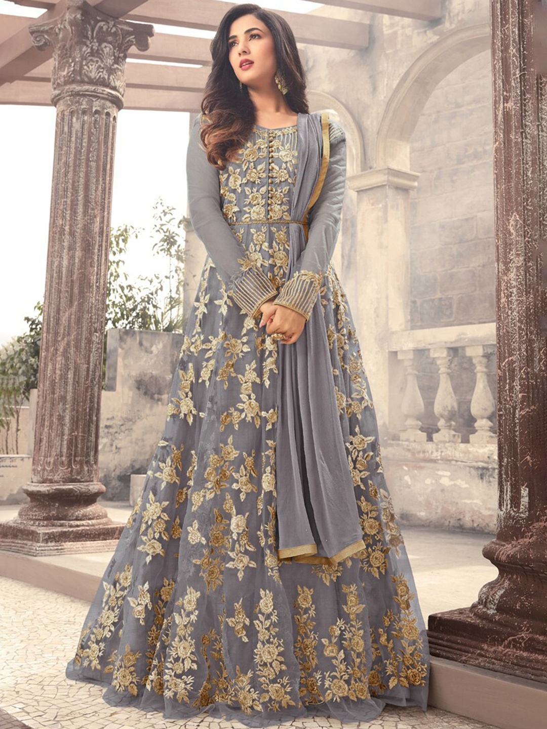 

Chandbaali Embroidered Semi-Stitched Dress Material, Grey