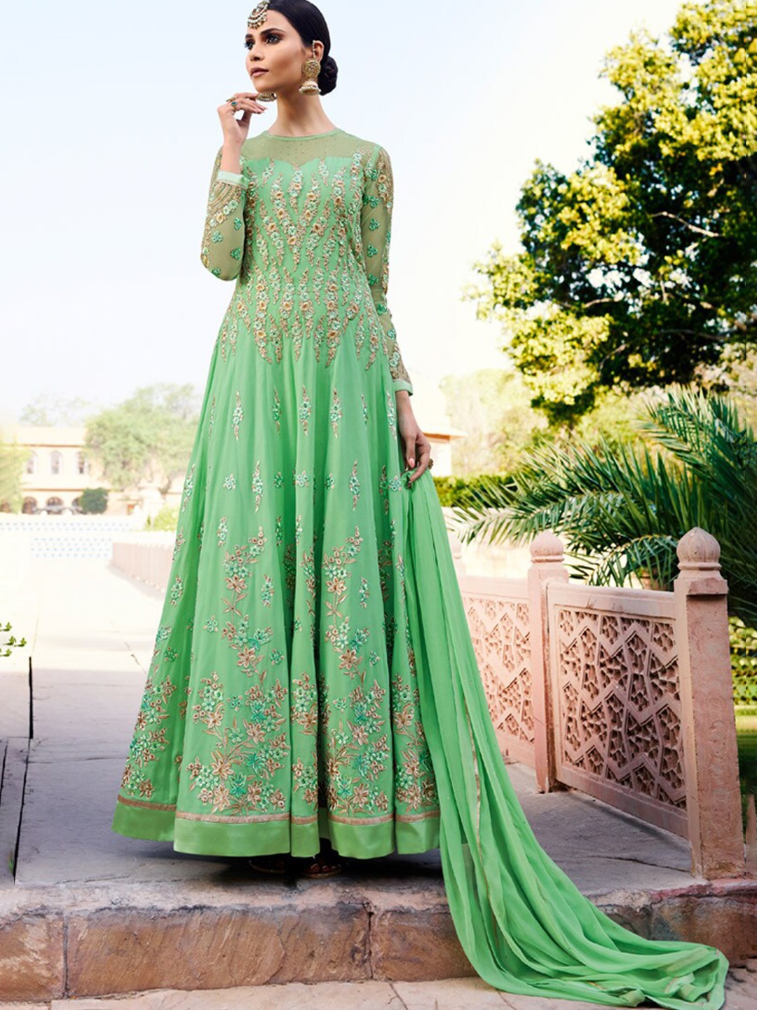 

Chandbaali Embroidered Semi-Stitched Dress Material, Green