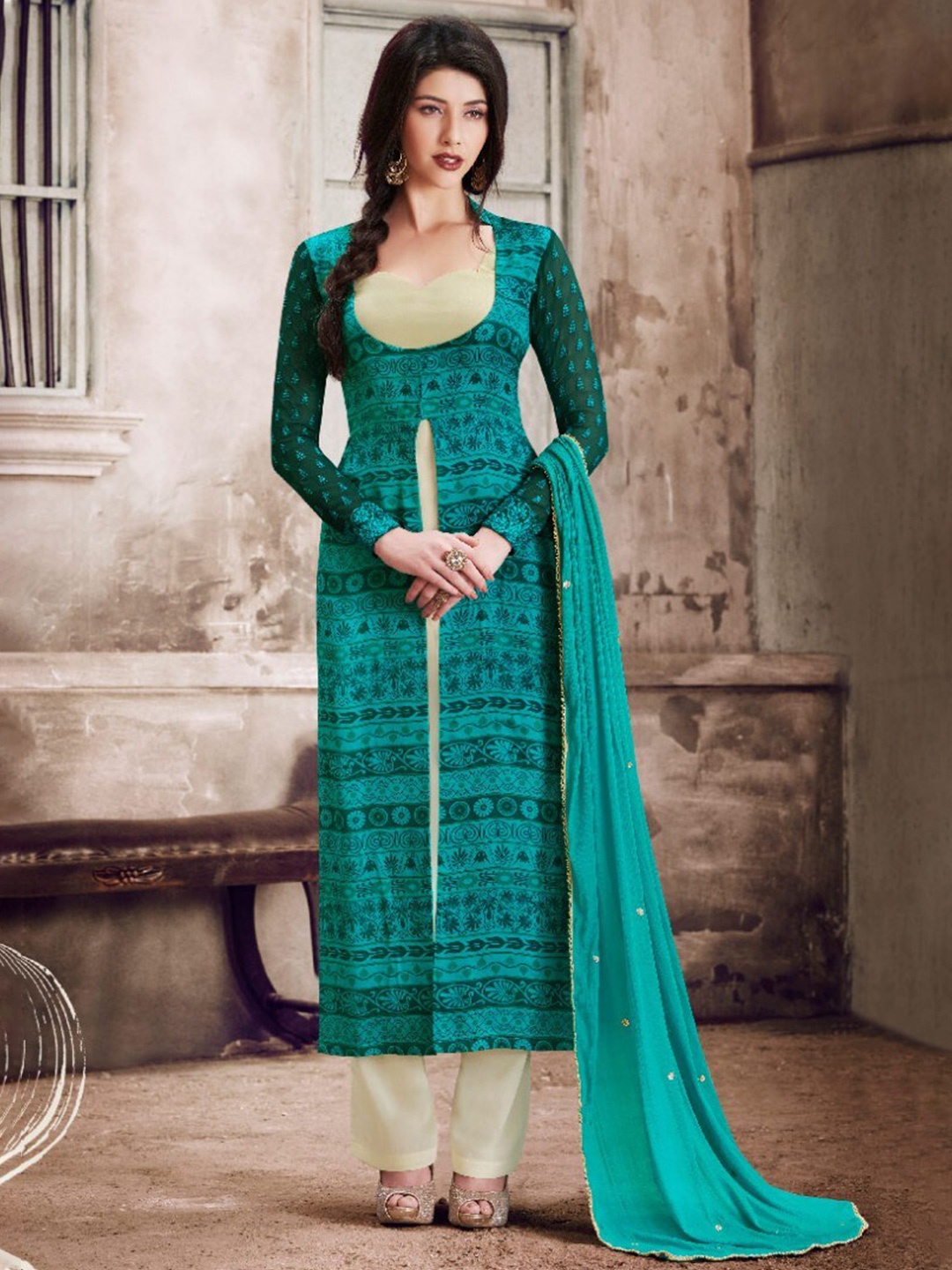 

Chandbaali Embroidered Satin Semi-Stitched Dress Material, Green