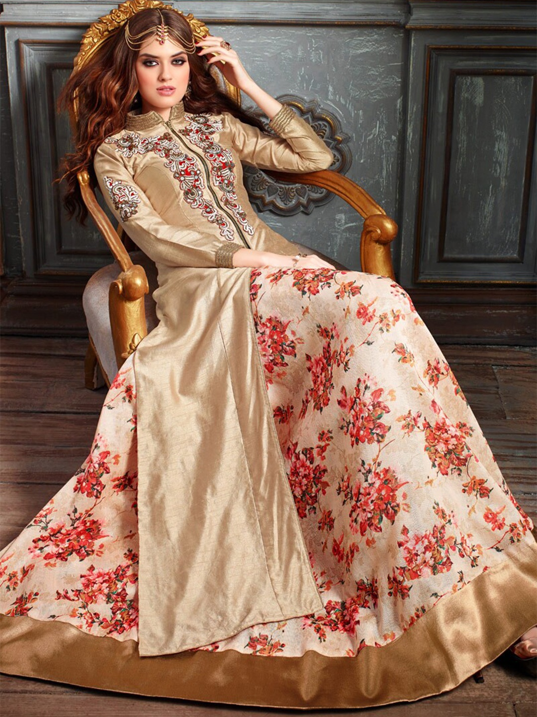 

Chandbaali Embroidered Art Silk Semi-Stitched Dress Material, Beige