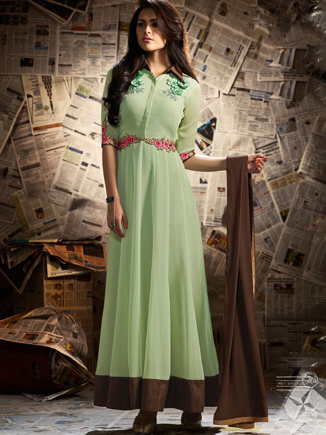 

Chandbaali Embroidered Georgette Semi-Stitched Dress Material, Green
