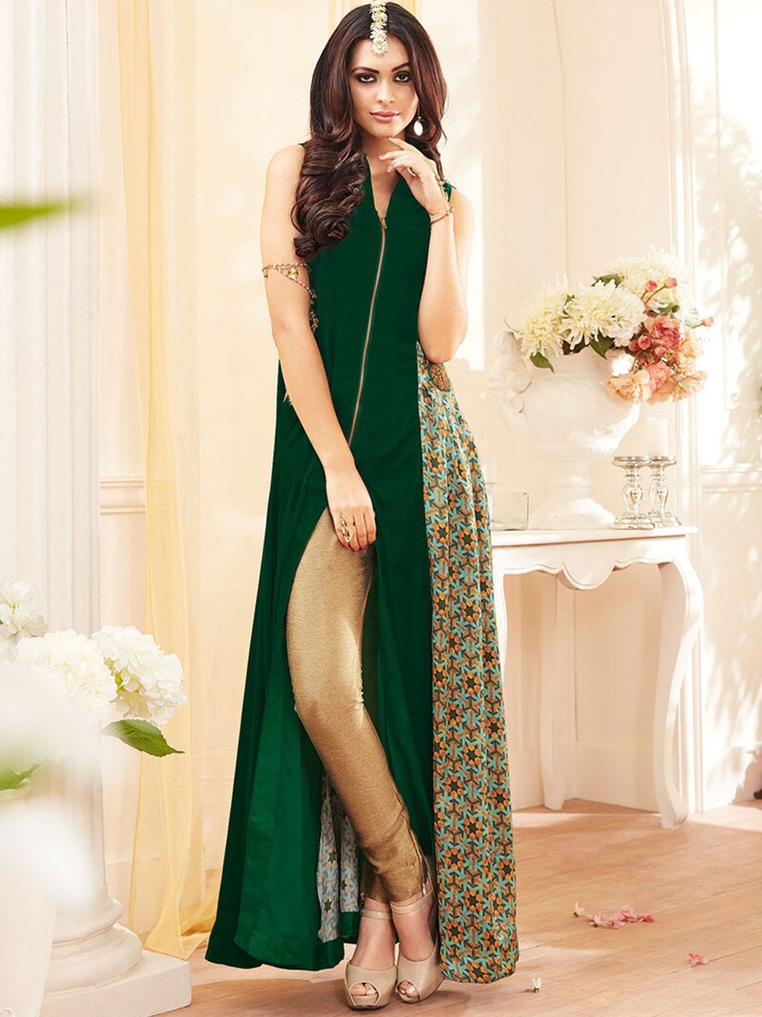 

Chandbaali Embroidered Semi-Stitched Dress Material, Green