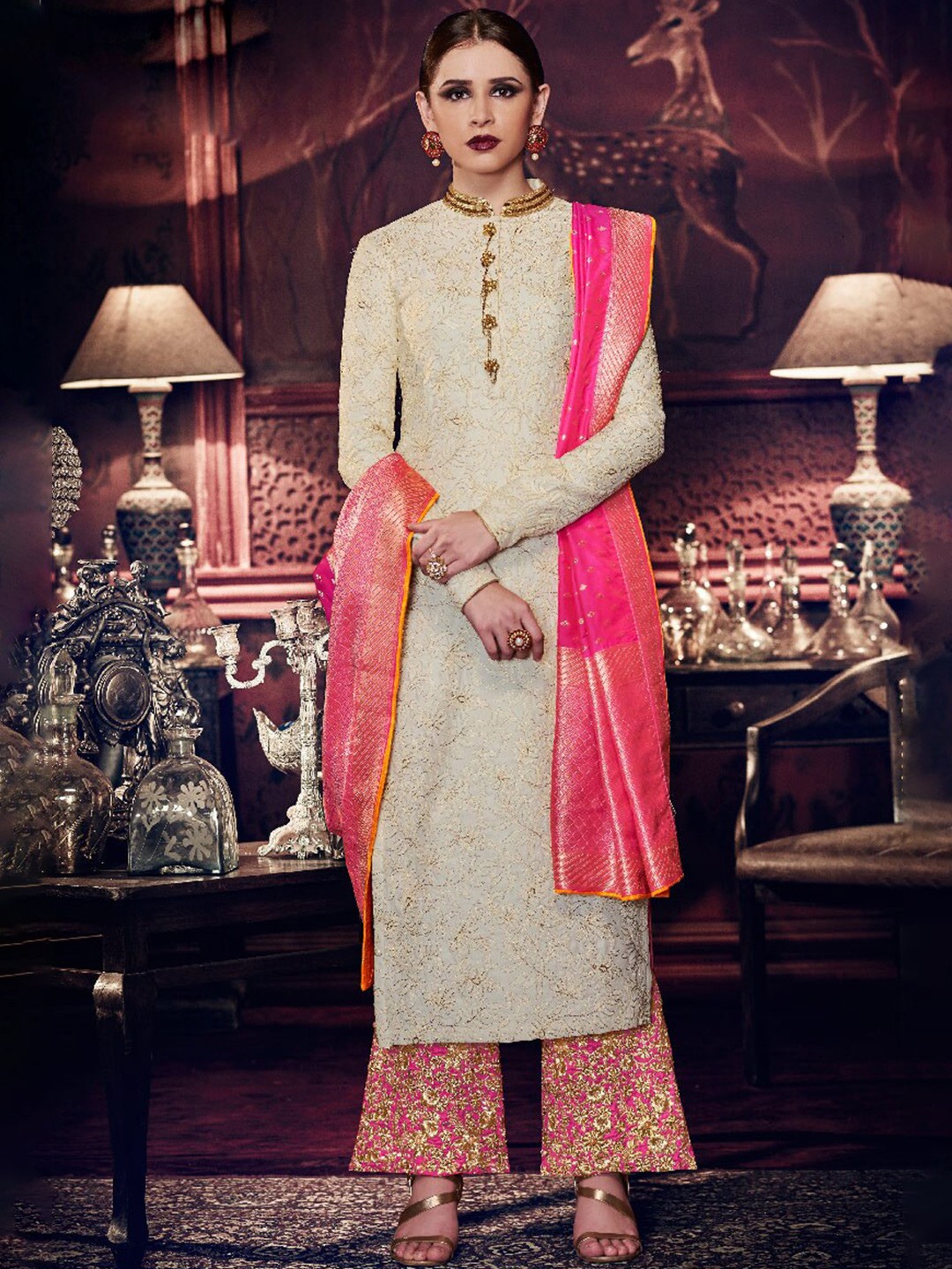 

Chandbaali Embroidered Semi-Stitched Dress Material, Cream