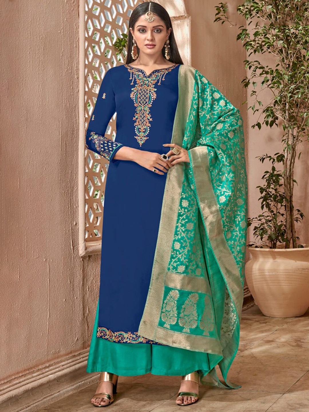 

Chandbaali Embroidered Satin Semi-Stitched Dress Material, Blue