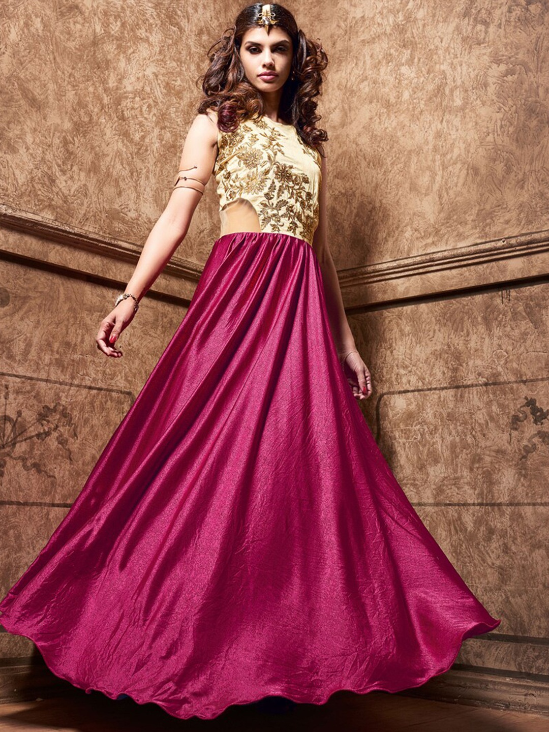 

Chandbaali Embroidered Satin Silk Semi-Stitched Dress Material, Pink