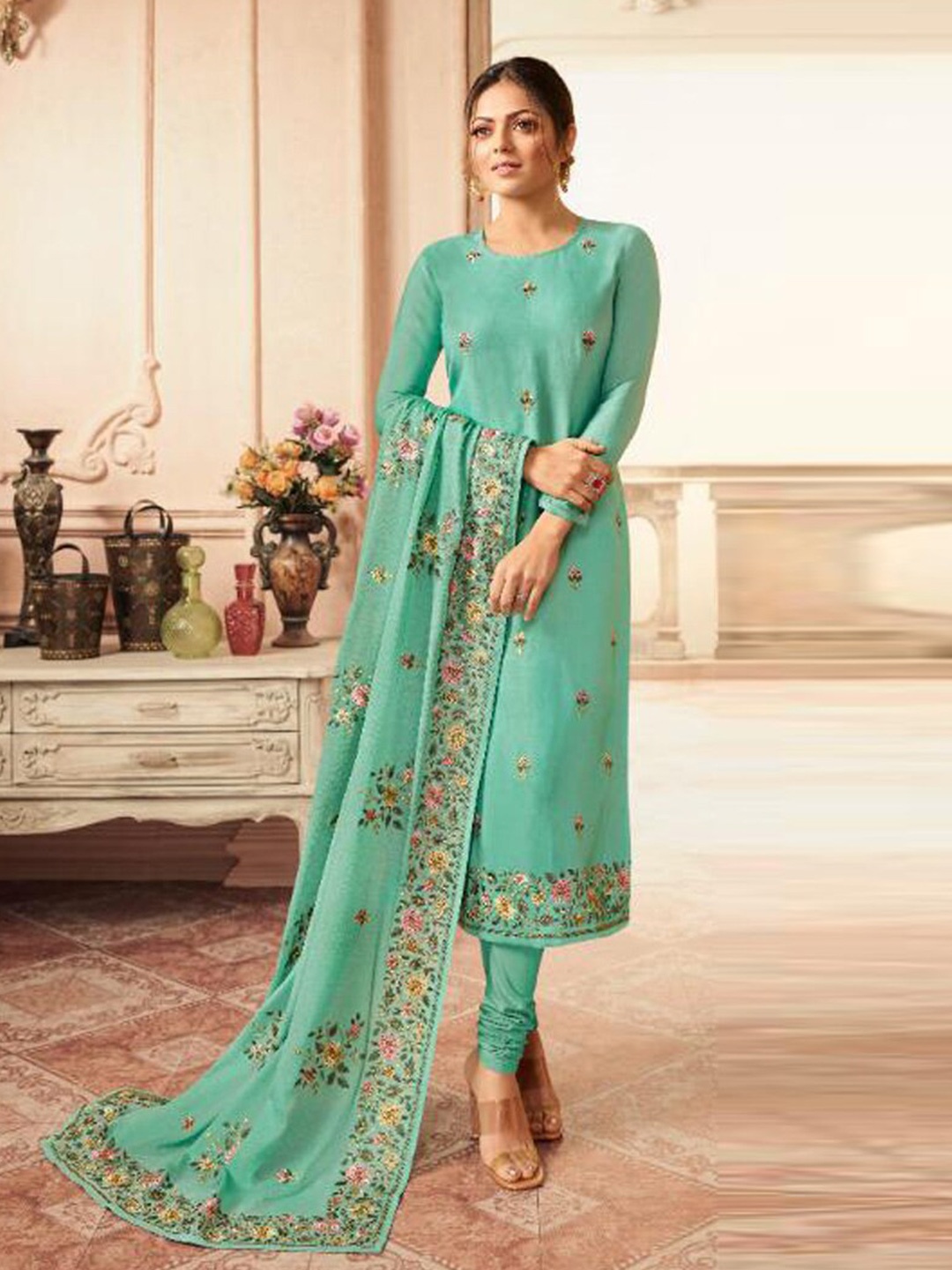 

Chandbaali Embroidered Art Silk Semi-Stitched Dress Material, Blue