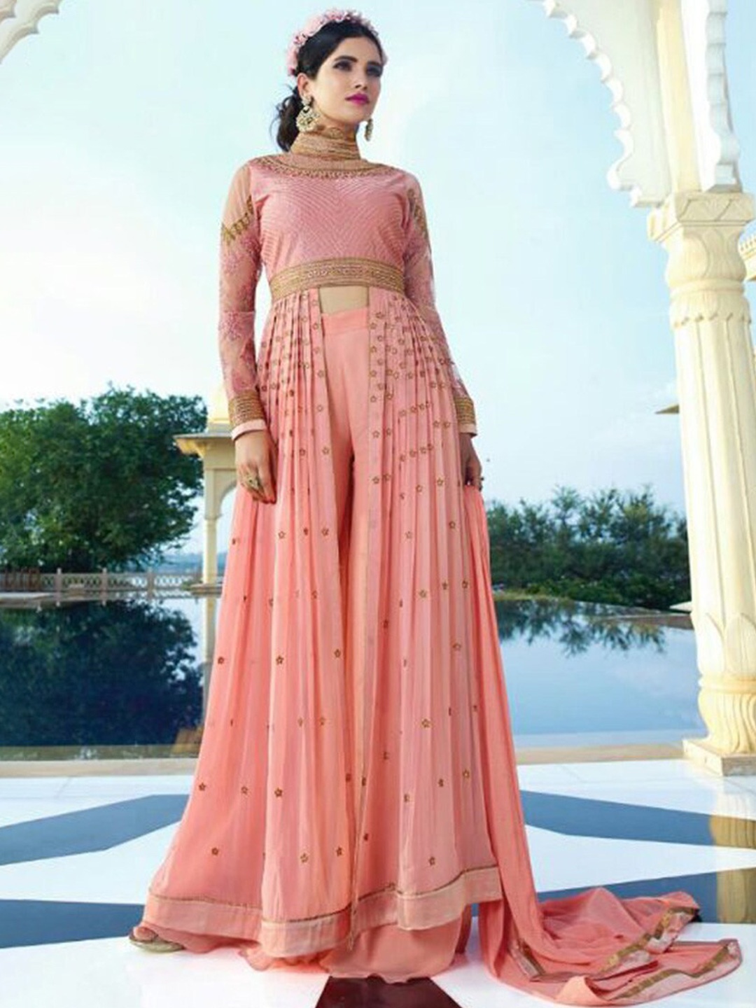 

Chandbaali Ethnic Motifs Embroidered Semi-Stitched Dress Material, Pink