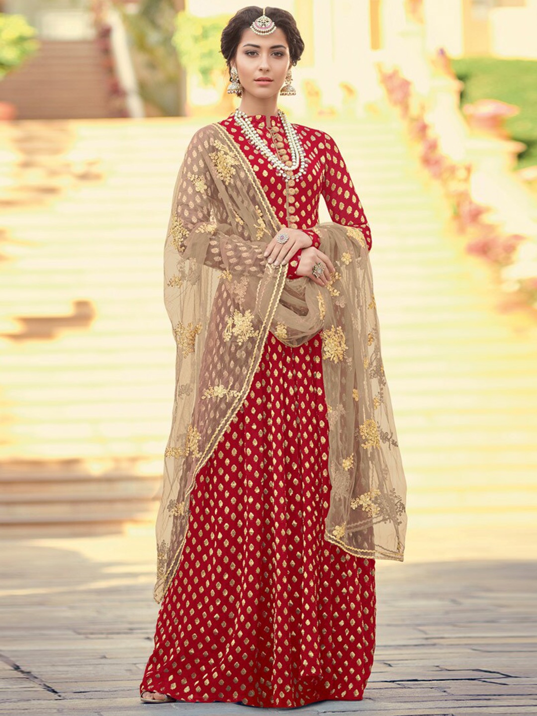 

Chandbaali Embroidered Art Silk Semi-Stitched Dress Material, Red