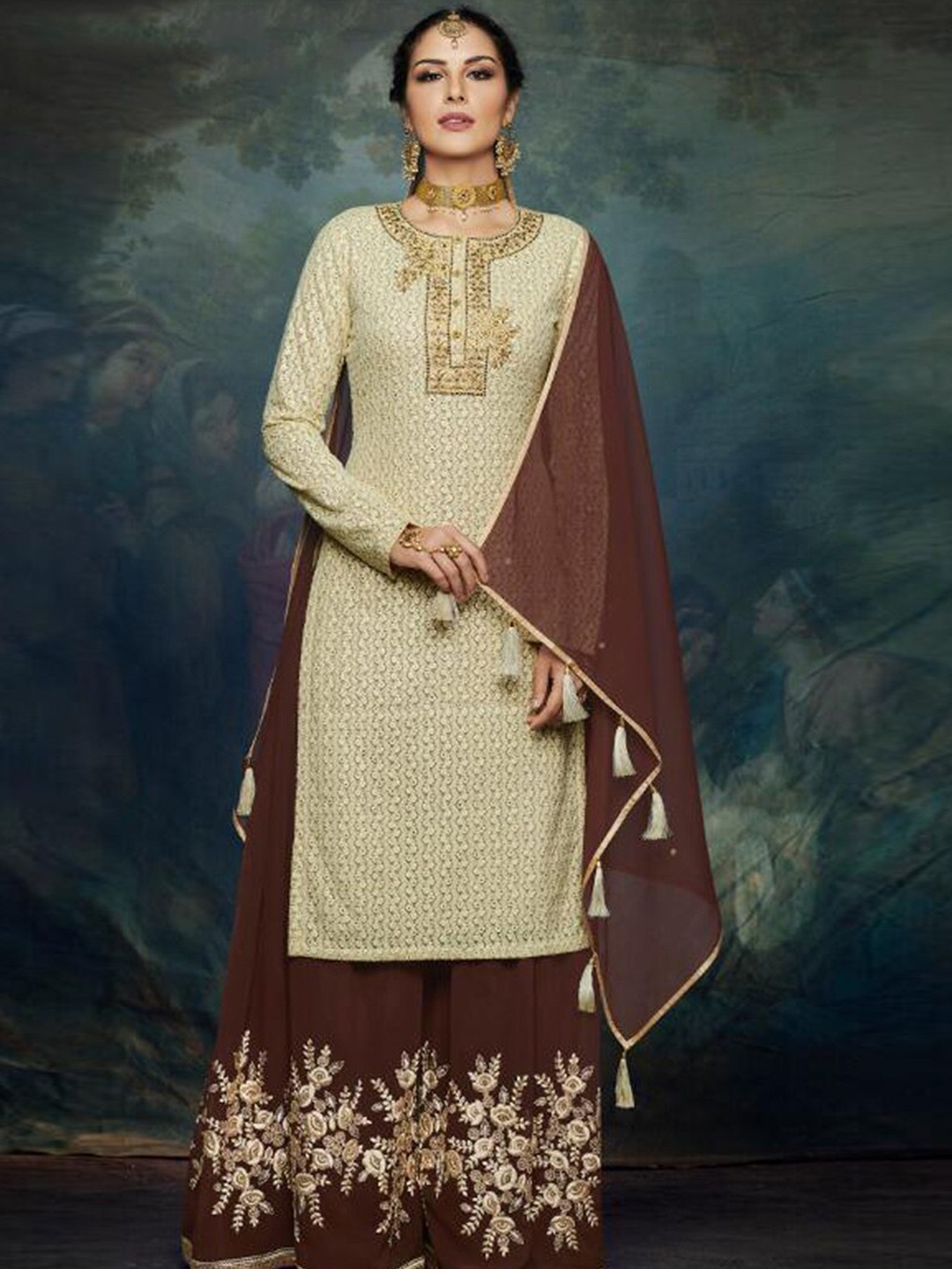 

Chandbaali Embroidered Semi-Stitched Dress Material, Cream