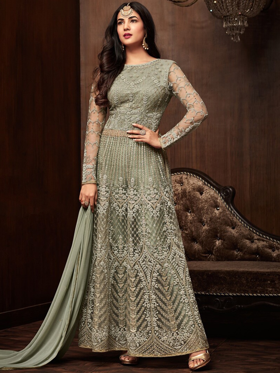 

Chandbaali Embroidered Semi-Stitched Dress Material, Green