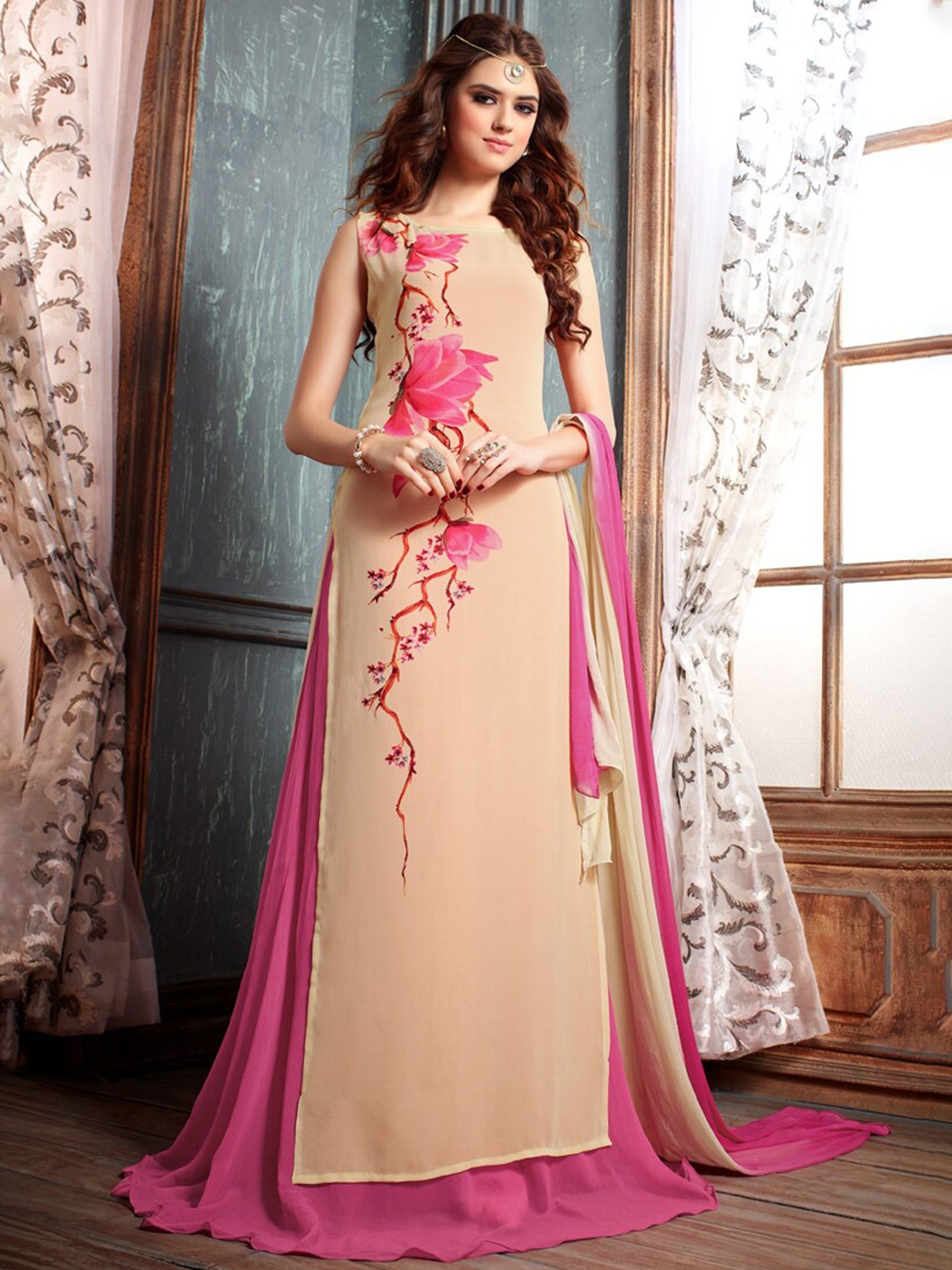 

Chandbaali Embroidered Georgette Semi-Stitched Dress Material, Beige