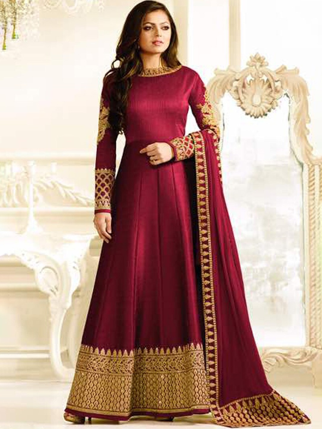 

Chandbaali Embroidered Art Silk Semi-Stitched Dress Material, Maroon