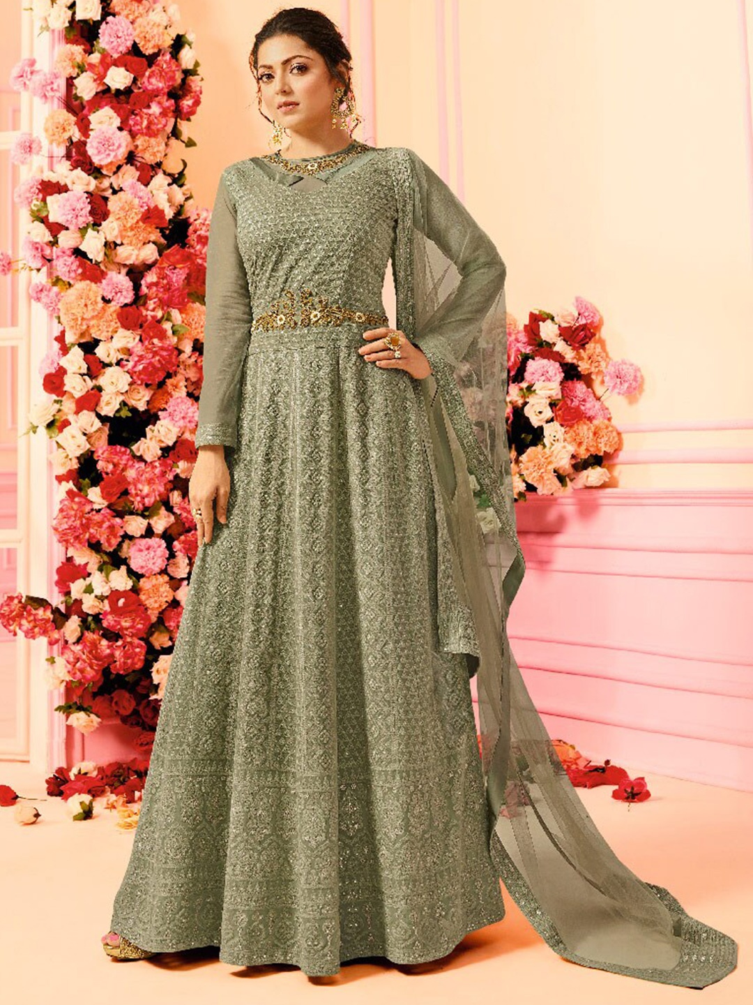 

Chandbaali Embroidered Georgette Semi-Stitched Dress Material, Green