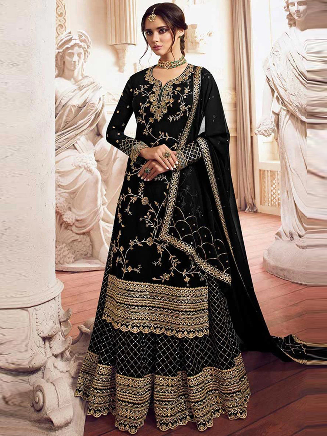 

Chandbaali Embroidered Semi-Stitched Dress Material, Black
