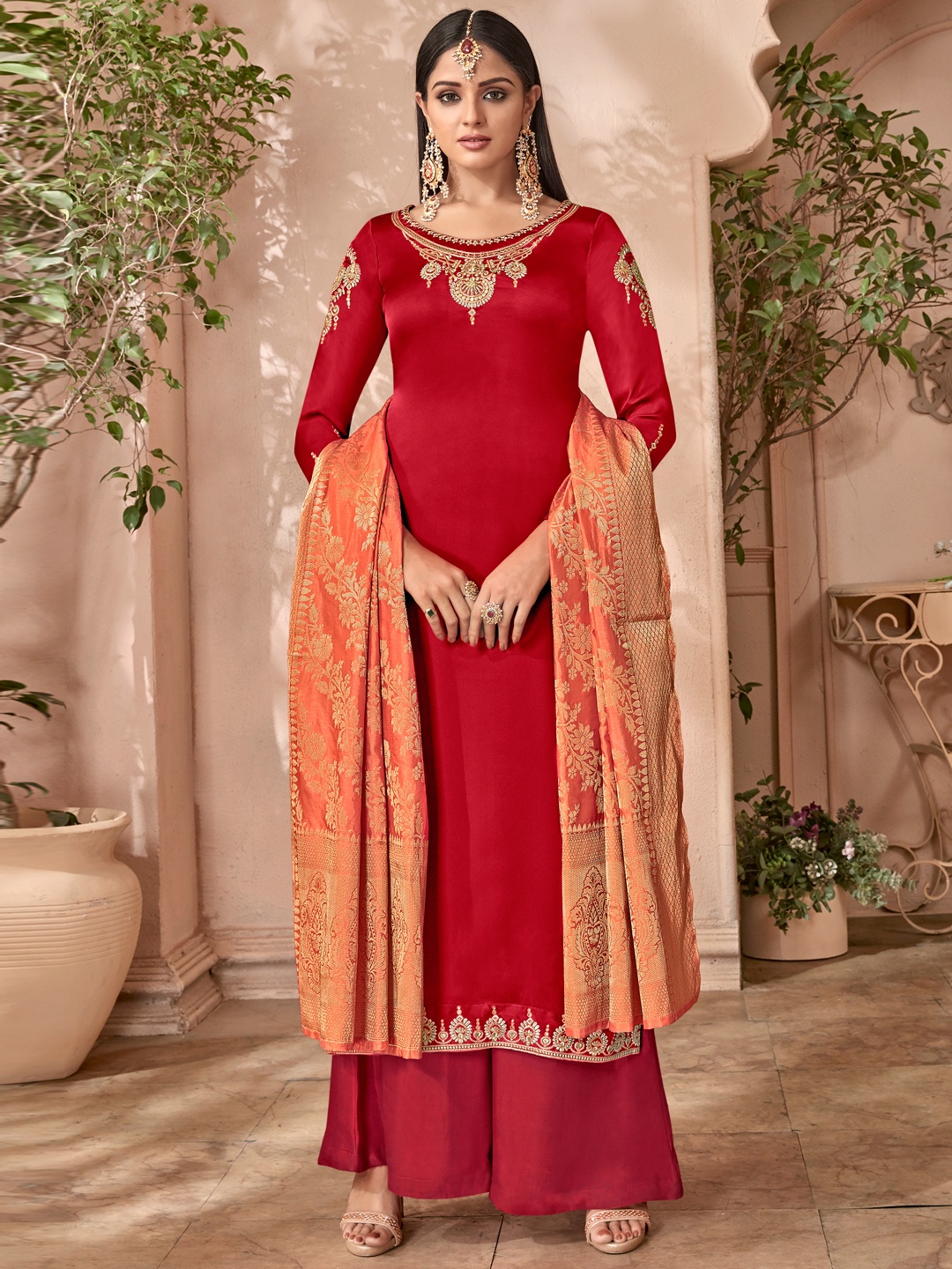 

Chandbaali Embroidered Satin Semi-Stitched Dress Material, Red