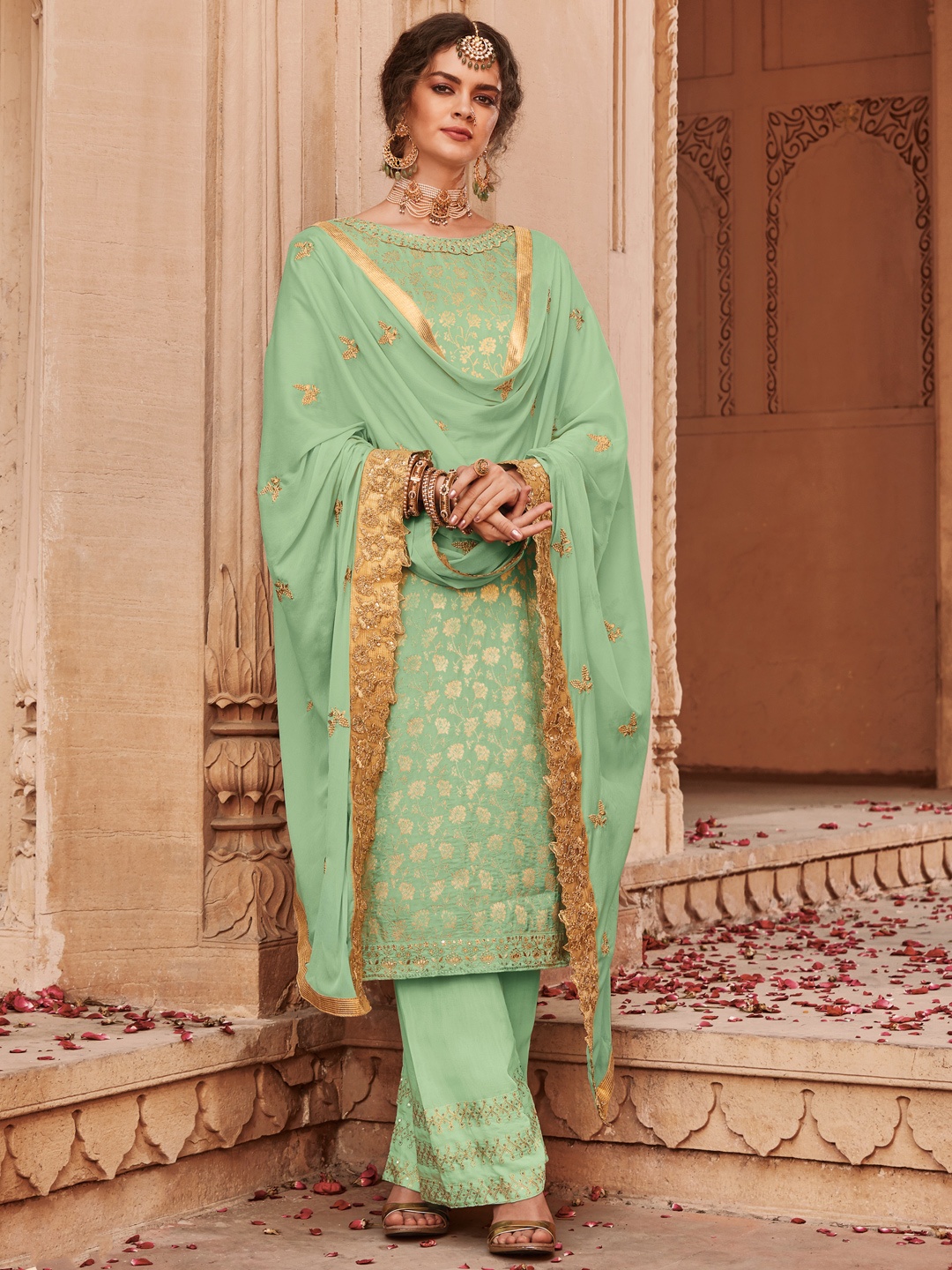 

Chandbaali Embroidered Art Silk Semi-Stitched Dress Material, Green