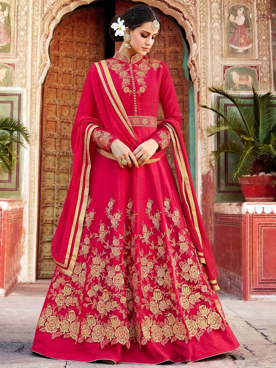 

Chandbaali Embroidered Art Silk Semi-Stitched Dress Material, Red