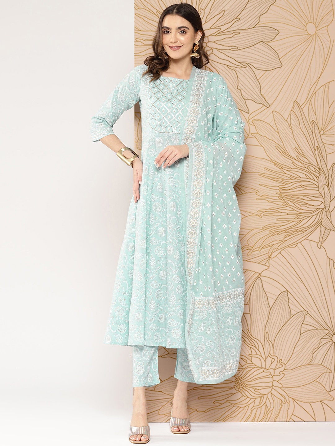 

Nayo Floral Printed Pure Cotton Straight Kurta With Trousers & Dupatta, Blue