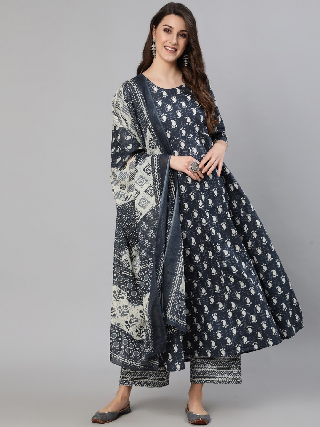 

Nayo Floral Printed Pure Cotton Anarkali Kurta With Trousers & Dupatta, Grey
