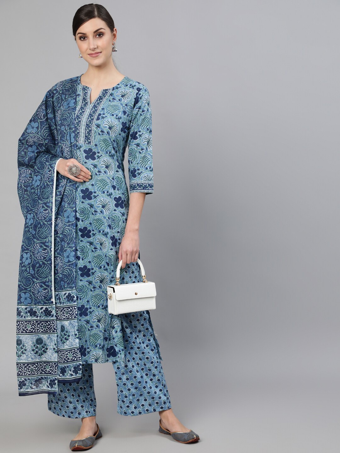 

Nayo Floral Printed Pure Cotton Straight Kurta With Palazzos & Dupatta, Blue