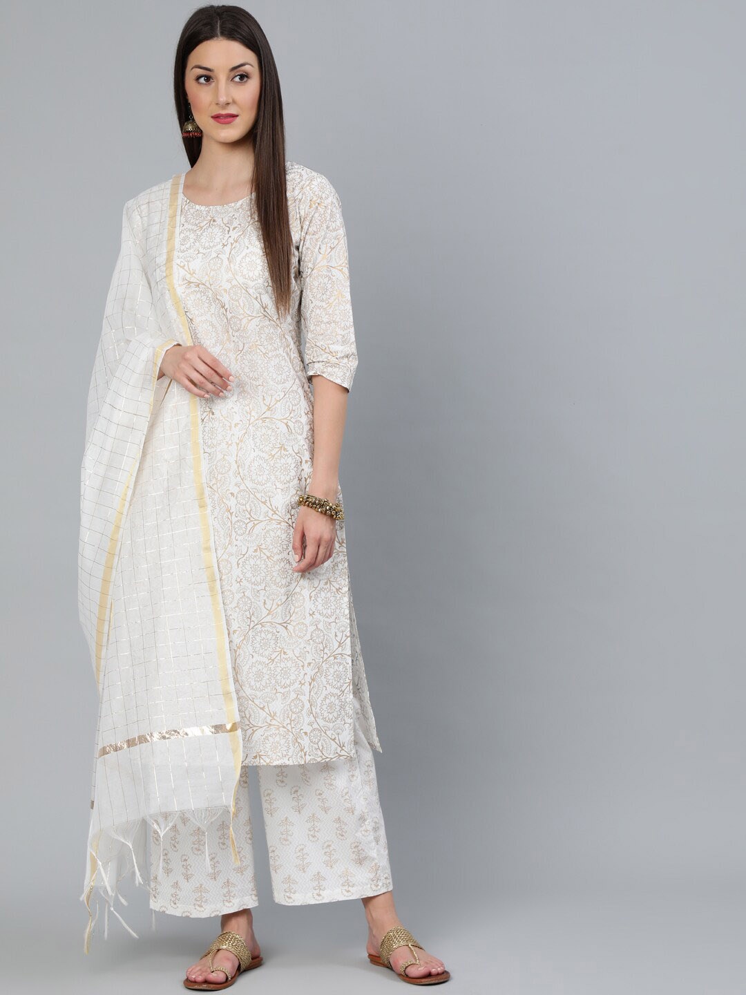 

Nayo Ethnic Motifs Printed Pure Cotton Straight Kurta With Palazzos & Dupatta, Off white