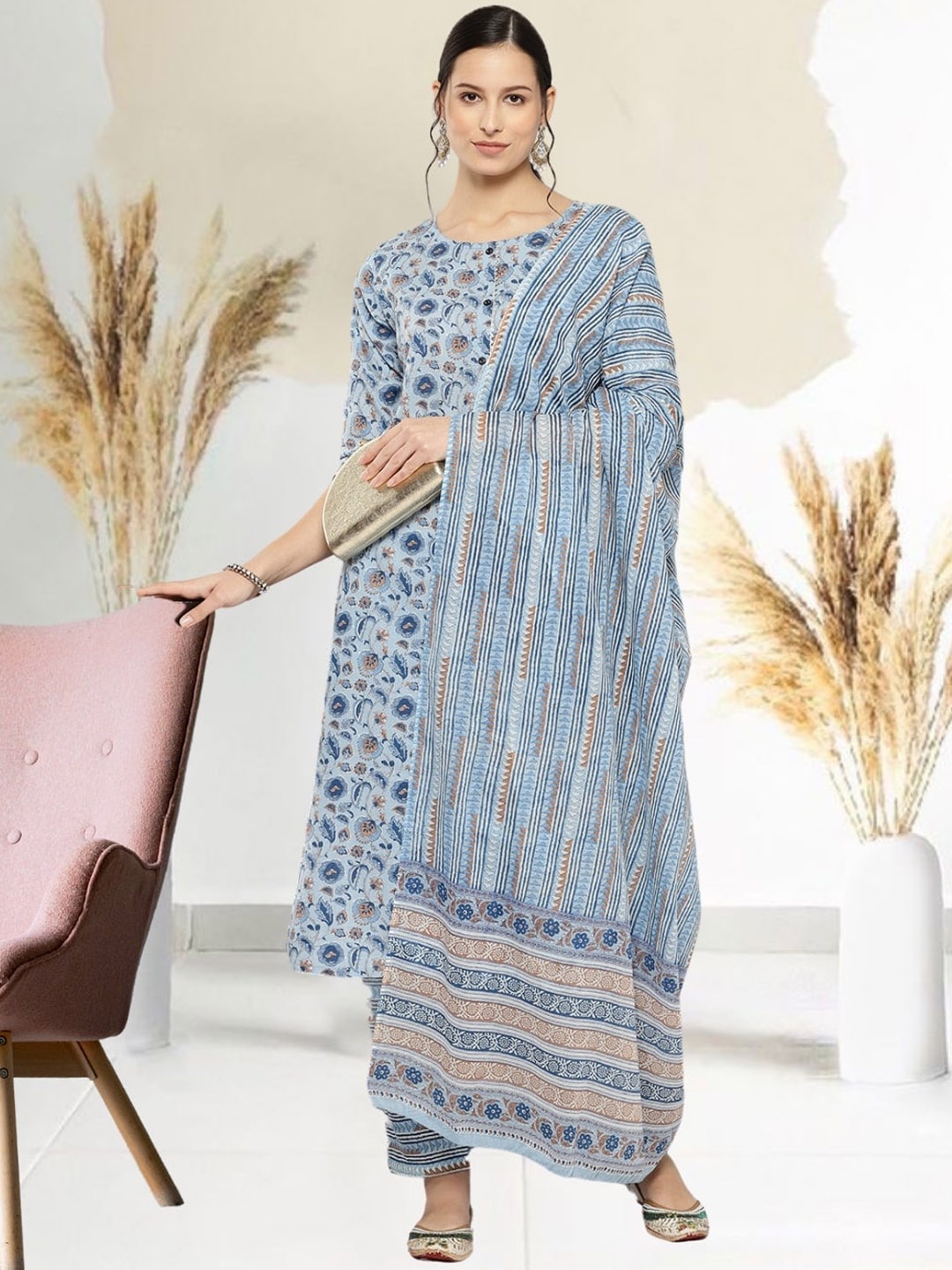 

Nayo Floral Printed Pure Cotton Straight Kurta With Palazzos & Dupatta, Blue