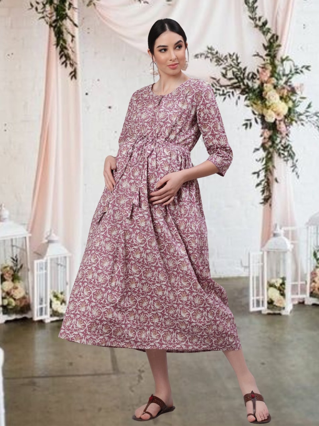 

Nayo Floral Printed Maternity Cotton Fit & Flare Midi Dress, Lavender