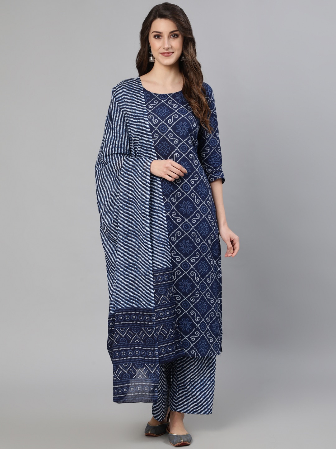 

Nayo Bandhani Printed Regular Pure Cotton Kurta With Palazzos & Dupatta, Navy blue