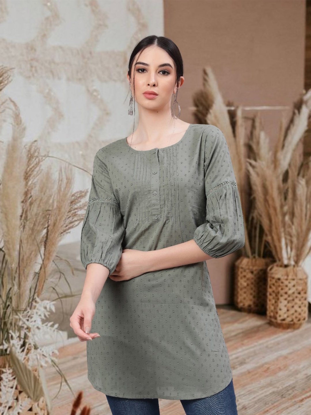 

Nayo Self Design Puff Sleeves Cotton Tunic, Green