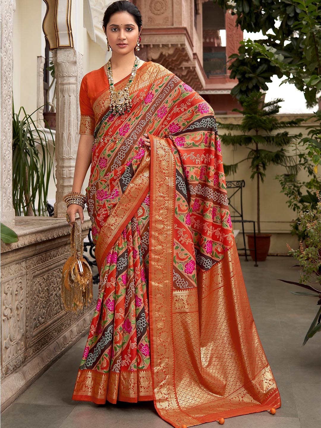 

TIRA Floral Woven Design Zari Saree, Orange
