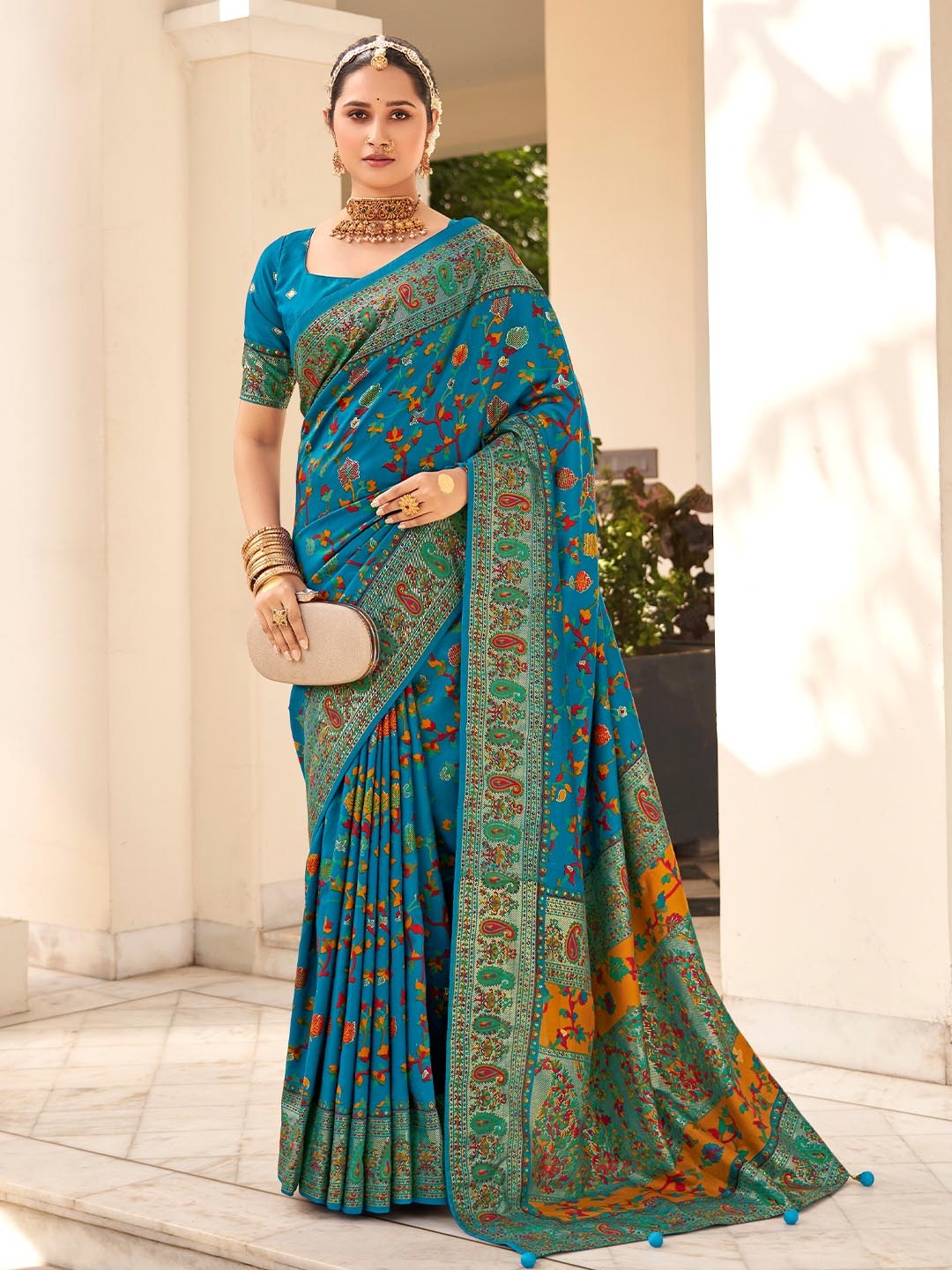 

TIRA Floral Printed Zari Saree, Teal