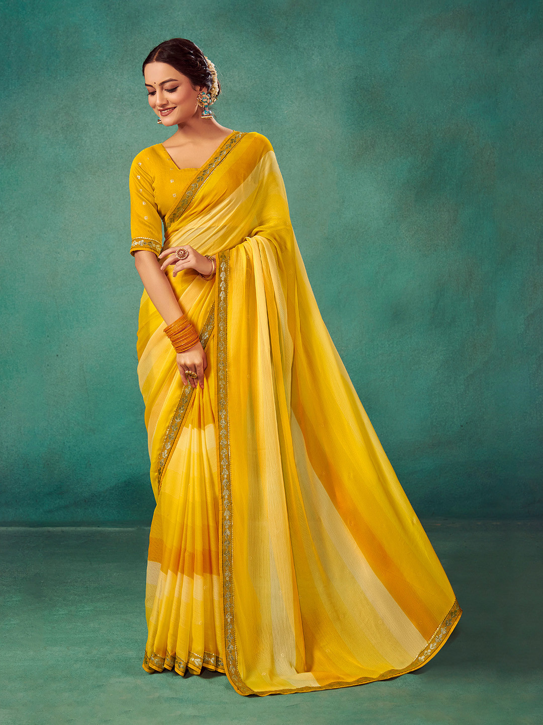 

TIRA Striped Woven Design Pure Chiffon Saree, Yellow