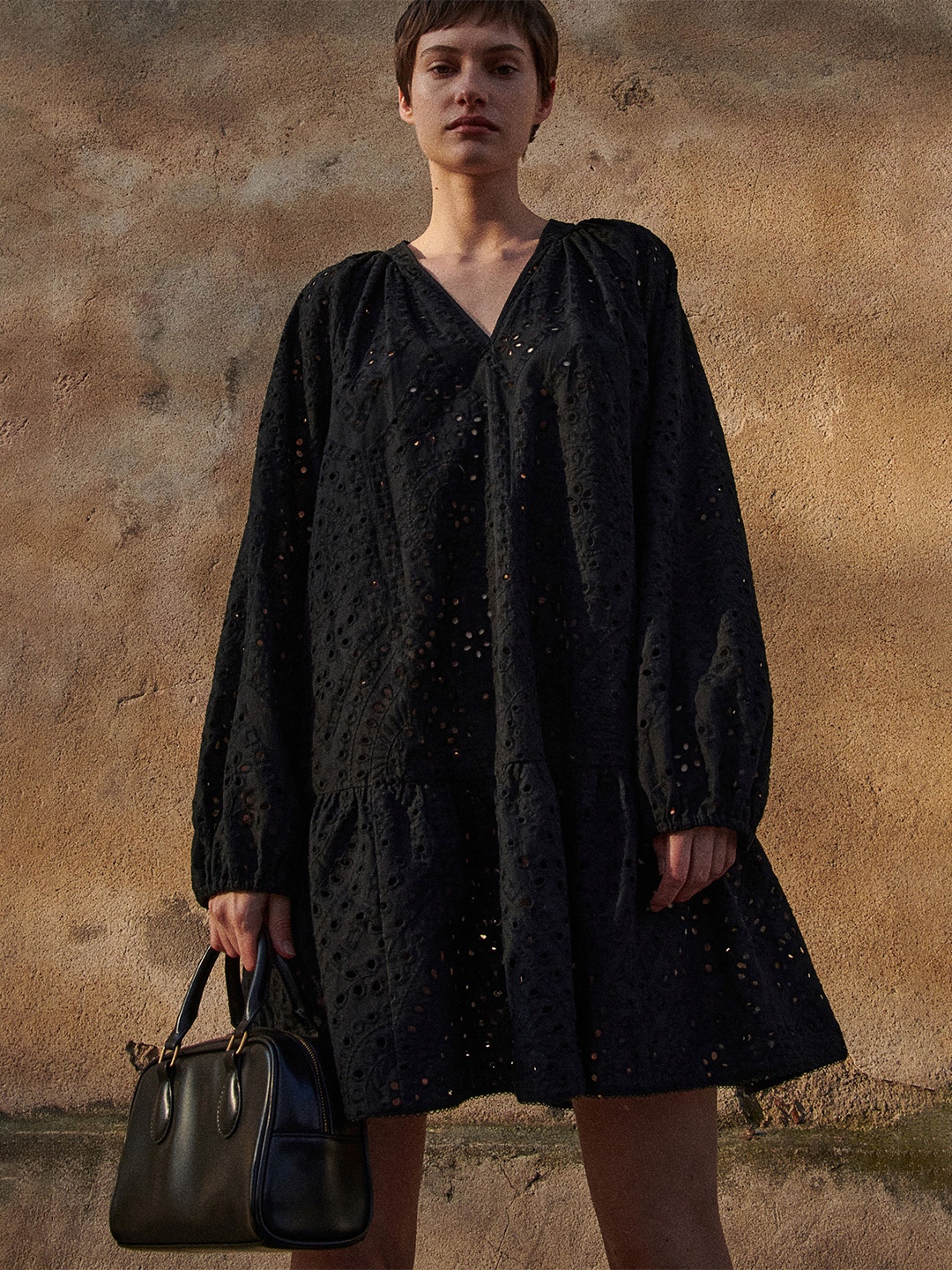 

H&M Pure Cotton Broderie Anglaise Tunic Dress, Black