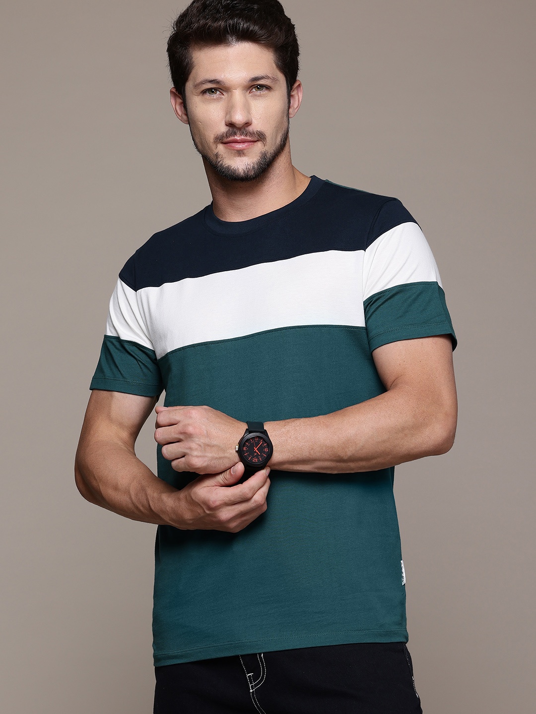 

The Roadster Lifestyle Co. Men Striped Pure Cotton T-shirt, Teal