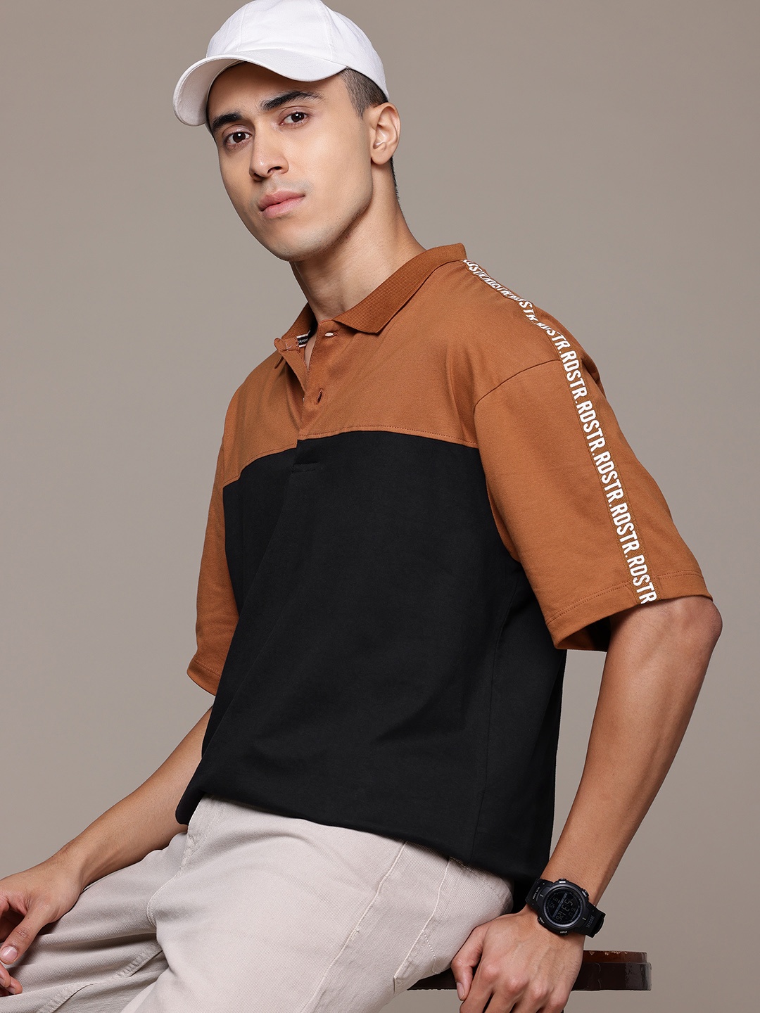 

The Roadster Lifestyle Co. Colourblock Pure Cotton Polo T-shirt, Brown