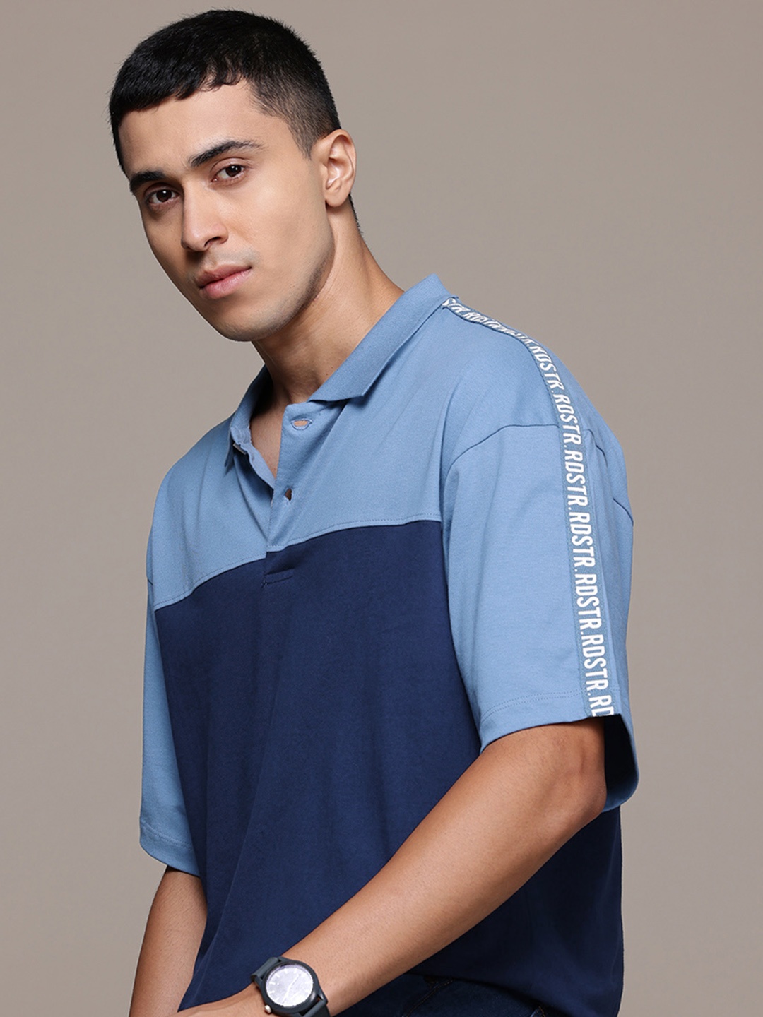 

The Roadster Lifestyle Co. Colourblock Pure Cotton Polo T-shirt, Blue