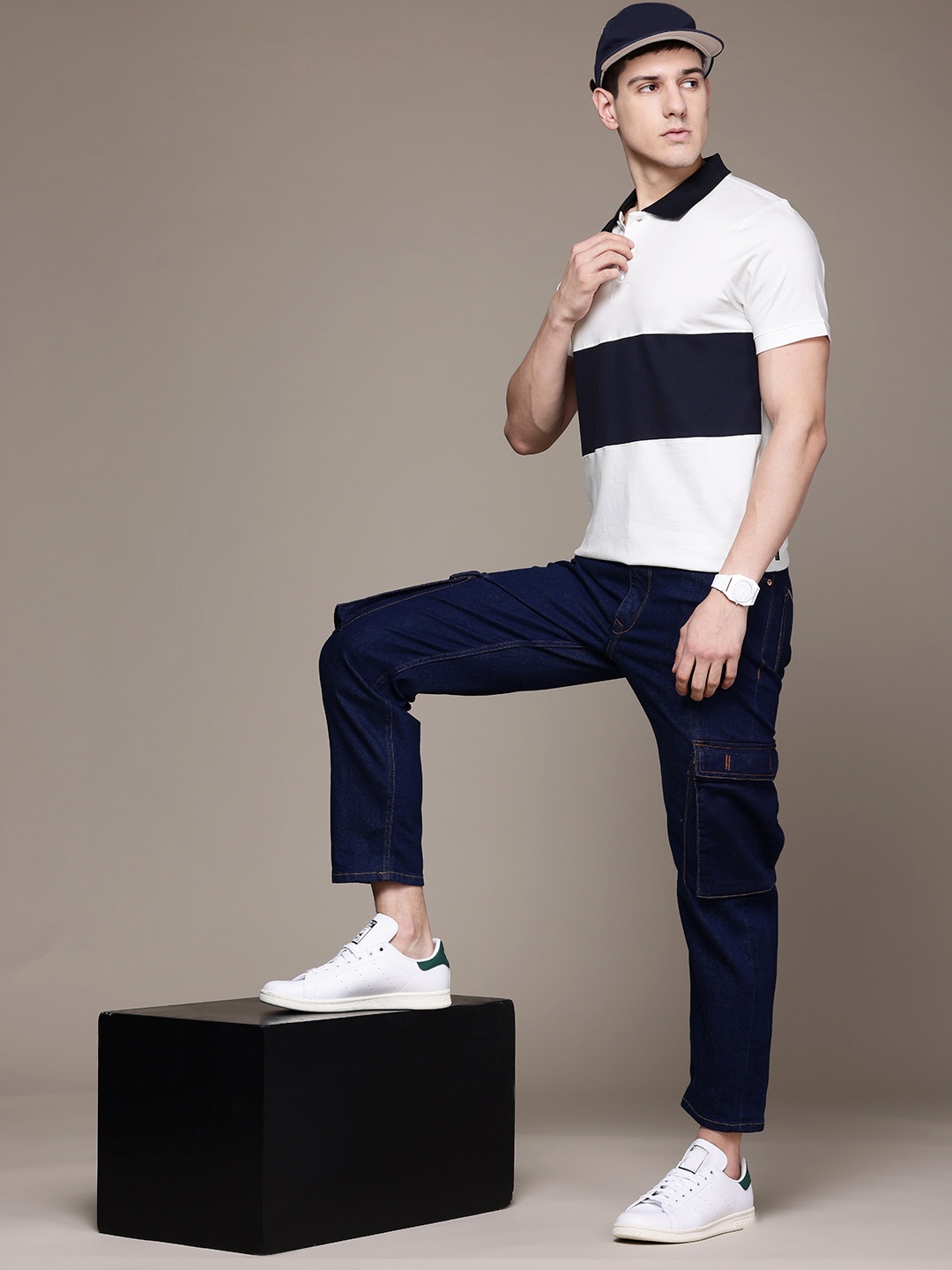 

The Roadster Lifestyle Co. Striped Polo Collar Pure Cotton T-shirt, White