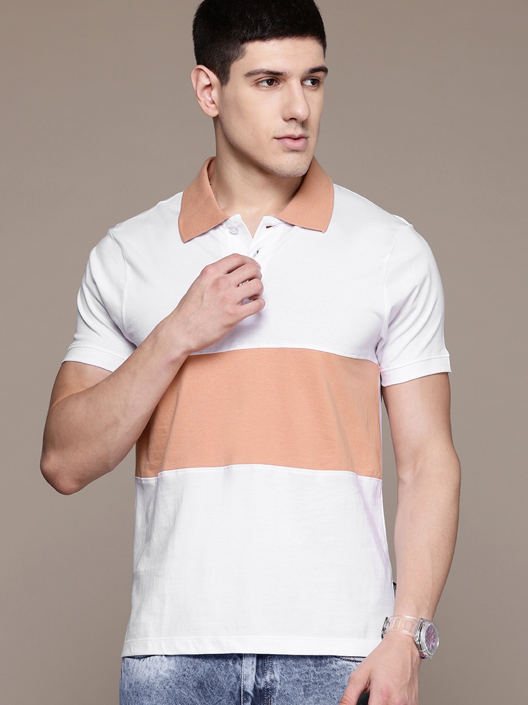 

The Roadster Lifestyle Co. Striped Polo Collar Pure Cotton T-shirt, White
